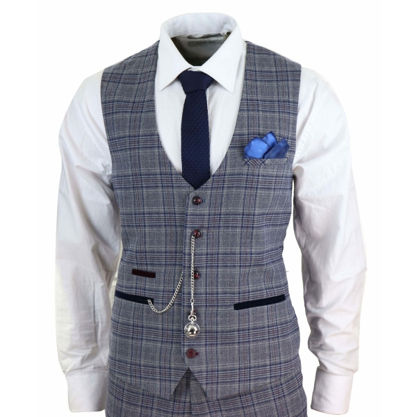 Mens Blue Grey Checkered 3 Piece Suit