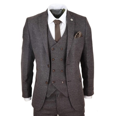 Mens Brown 3 Piece Suit with Double Breasted Waistcoat