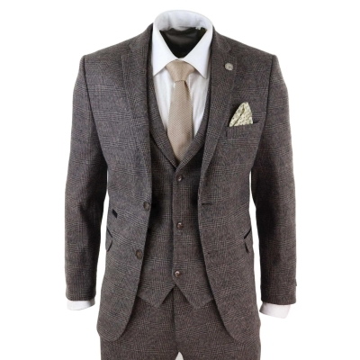 Mens Brown Check 3 Peice Tweed Suit - STZ17