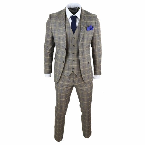 Mens Brown with Blue Check 3 Piece Suit - Paul Andrew Kenneth