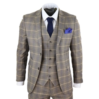 Mens Brown with Blue Check 3 Piece Suit - Paul Andrew Kenneth