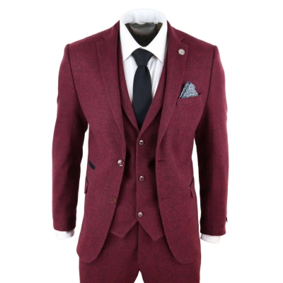 Mens Burgundy Wine Tweed 3 Piece Suit - STZ17