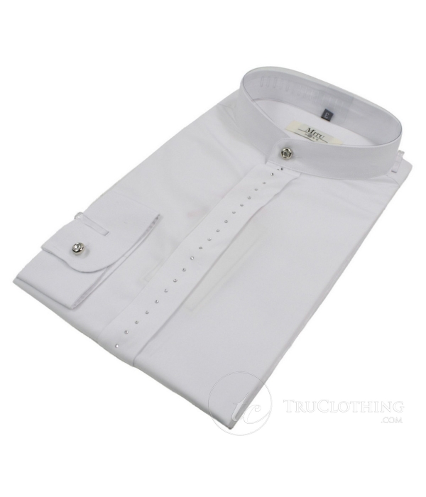 Mens Chinese Grandad Collar Formal Casual Shirt White Black Blue Red Diamonte