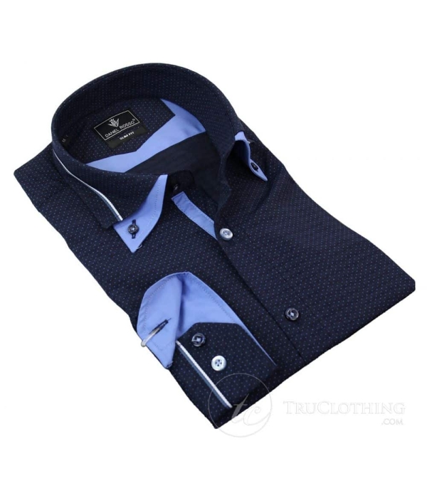 Mens Cotton Double Button Collar Shirt Italian Slim Fit Polka Paisley Stripe