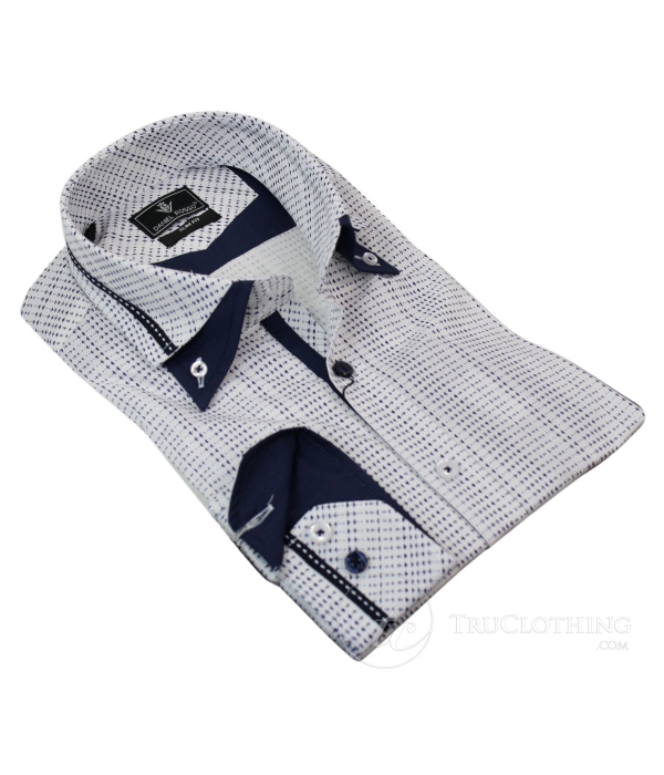 Mens Cotton Double Button Collar Shirt Italian Slim Fit Polka Paisley Stripe