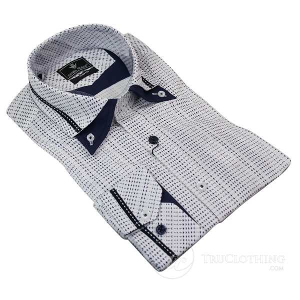 Mens Cotton Double Button Collar Shirt Italian Slim Fit Polka Paisley Stripe