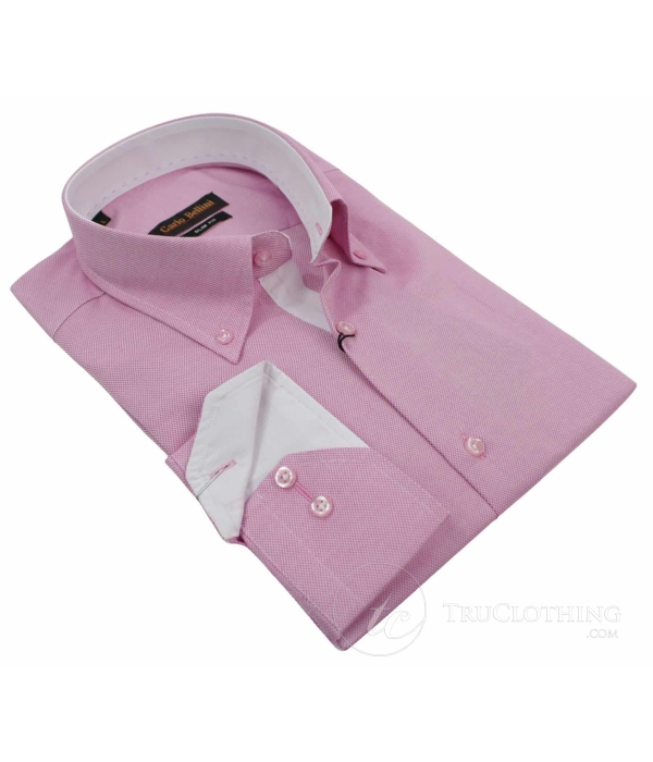 Mens Cotton Rich Button Down Collar Oxford Shirt Pink Blue White Trim Slim Fit