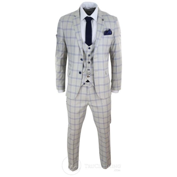 Mens Cream Blue Check Wedding Suit