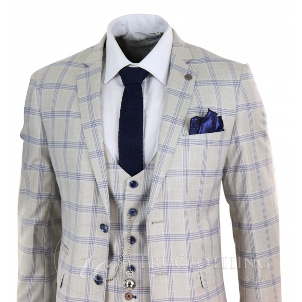 Mens Cream Blue Check Wedding Suit