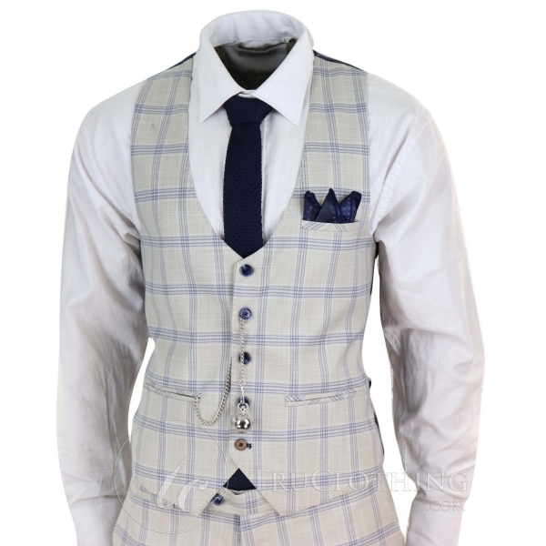 Mens Cream Blue Check Wedding Suit