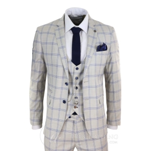 Mens Cream Blue Check Wedding Suit