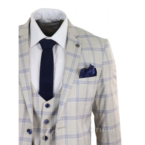 Mens Cream Blue Check Wedding Suit