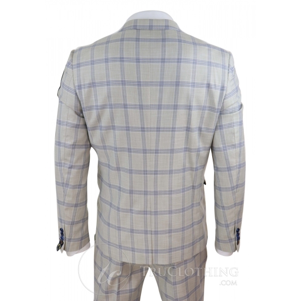 Mens Cream Blue Check Wedding Suit