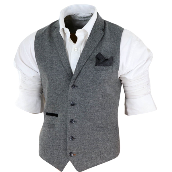 Mens Dark Grey Herringbone Tweed Waistcoat