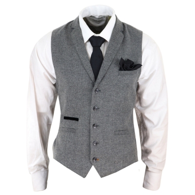 Mens Dark Grey Herringbone Tweed Waistcoat