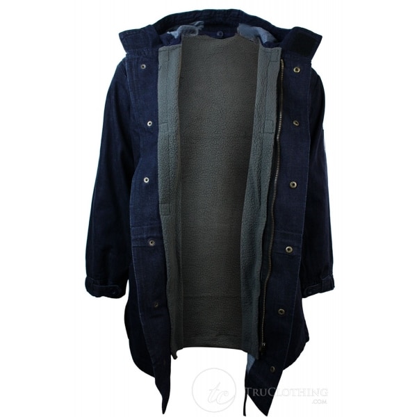 Mens Denim Overcoat Hooded Jeans Jacket Fleece Lined 3/4 Trench Duffle