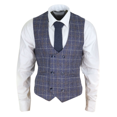 Mens Double Breasted Waistcoat with Chain - Cavani Bonita - Blue