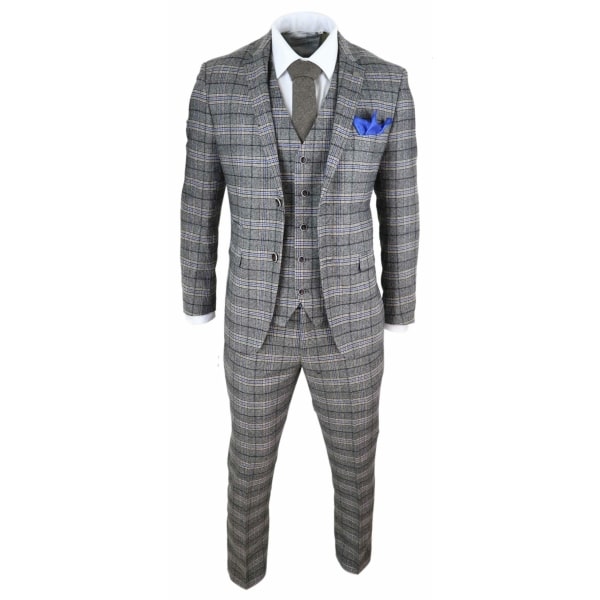 Mens Grey 3 Piece Tweed Check Suit