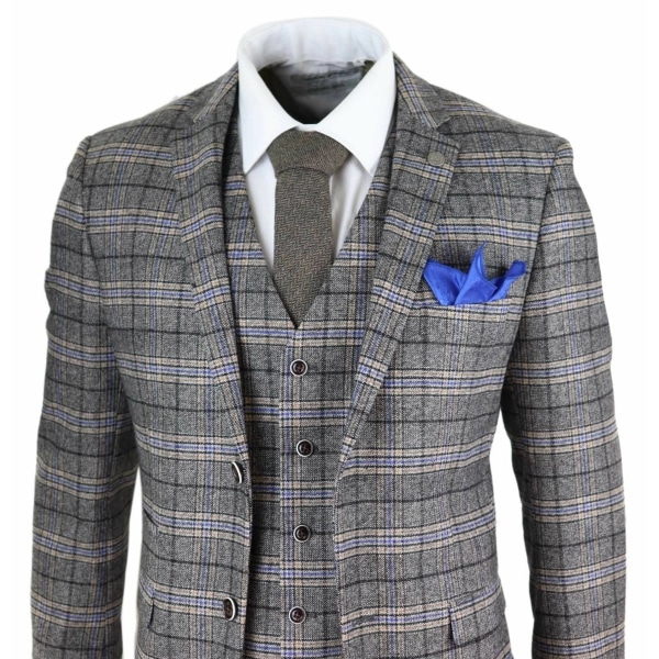 Mens Grey 3 Piece Tweed Check Suit