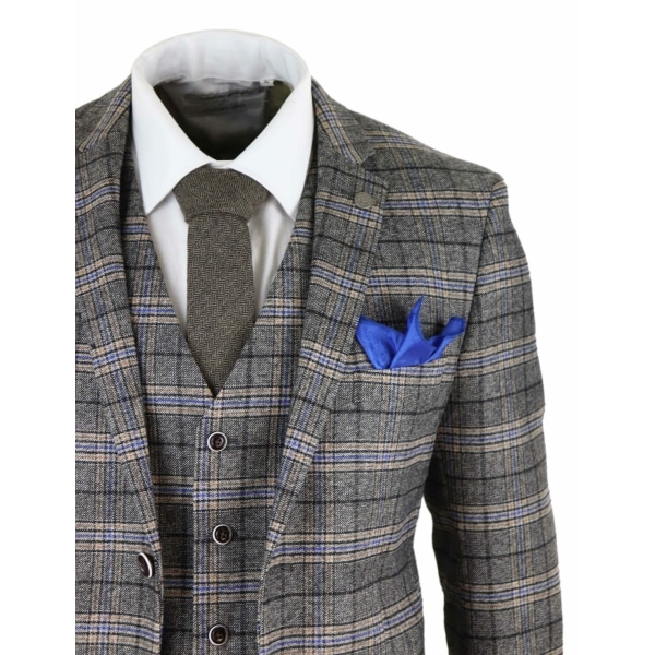 Mens Grey 3 Piece Tweed Check Suit