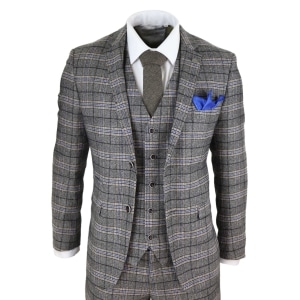 Mens Grey 3 Piece Tweed Check Suit