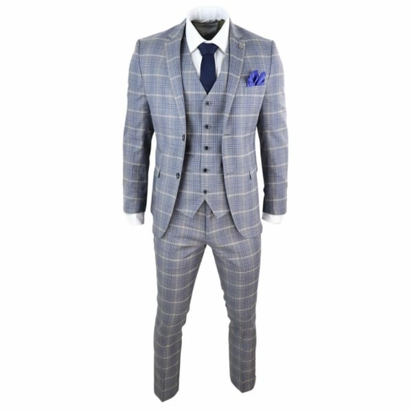 Mens Grey-Blue Check 3 Piece Suit - Paul Andrew Kenneth