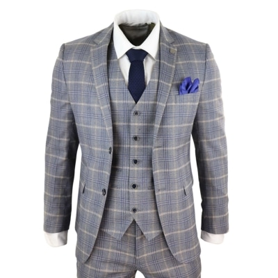 Mens Grey-Blue Check 3 Piece Suit - Paul Andrew Kenneth