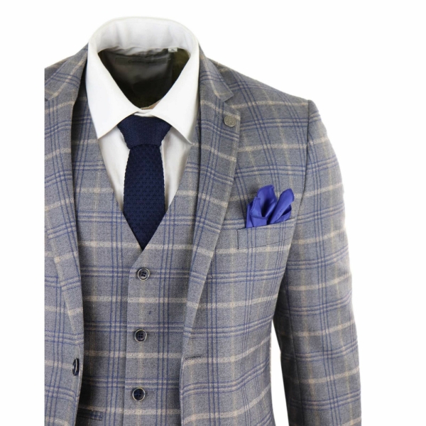 Mens Grey-Blue Check 3 Piece Suit - Paul Andrew Kenneth