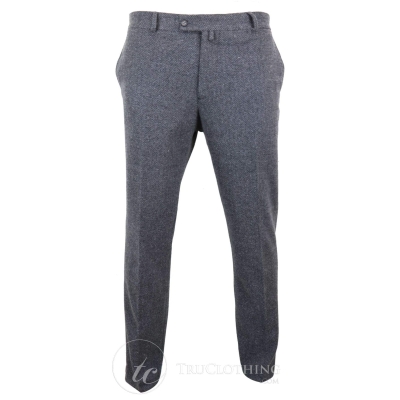 Mens Grey Charcoal Tweed Herringbone Wool Trousers - Charcoal