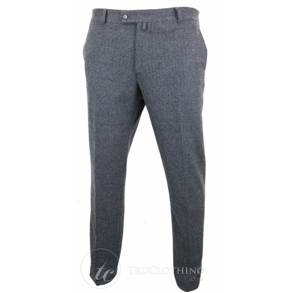 Mens Grey Charcoal Tweed Herringbone Wool Trousers - Charcoal