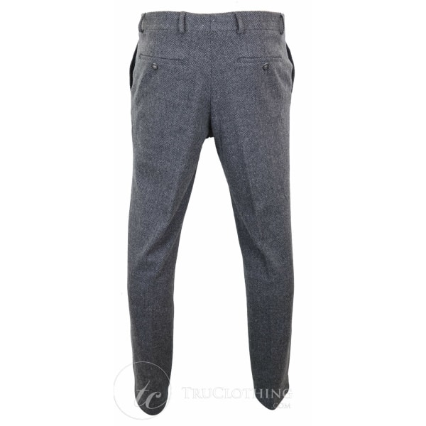 Mens Grey Charcoal Tweed Herringbone Wool Trousers - Charcoal