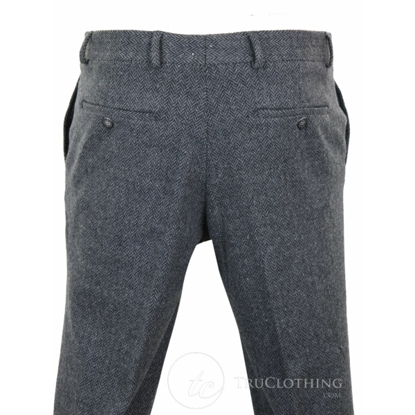 Mens Grey Charcoal Tweed Herringbone Wool Trousers - Charcoal