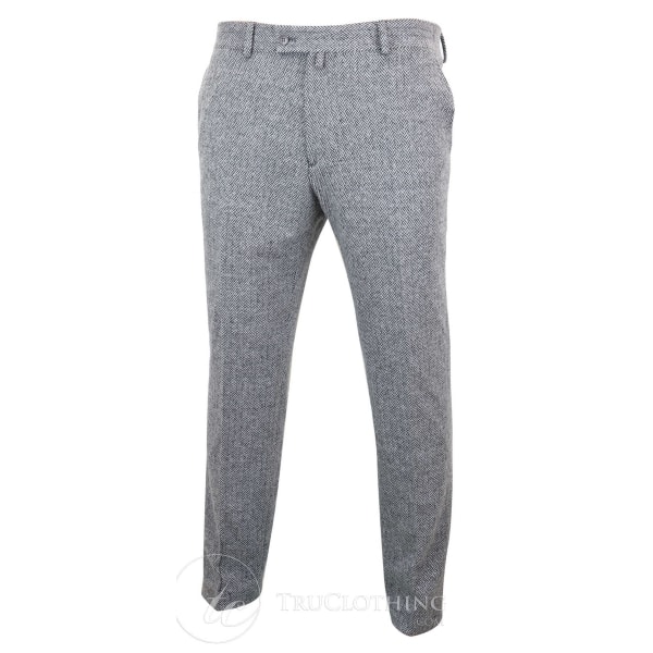 Mens Grey Charcoal Tweed Herringbone Wool Trousers - Grey