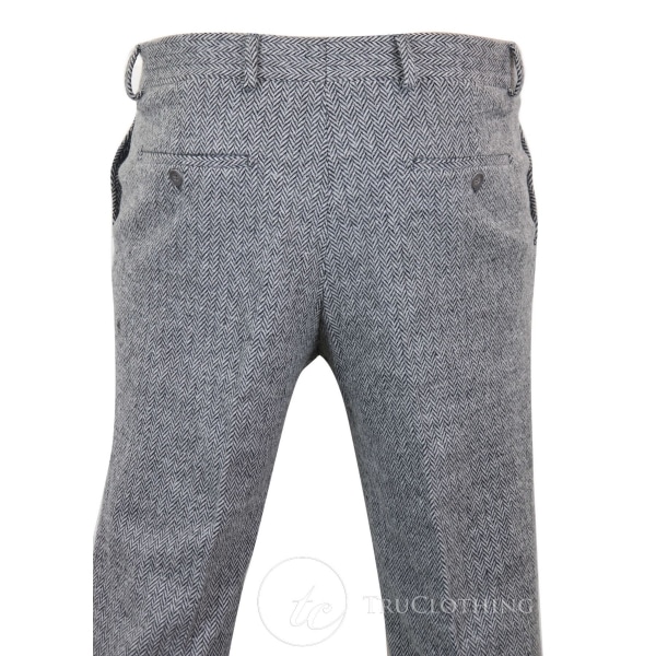 Mens Grey Charcoal Tweed Herringbone Wool Trousers - Grey