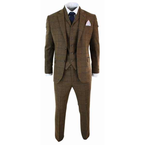 Mens Herringbone Tweed Check 3 Piece Wool Suit Peaky Blinders - Tan Brown