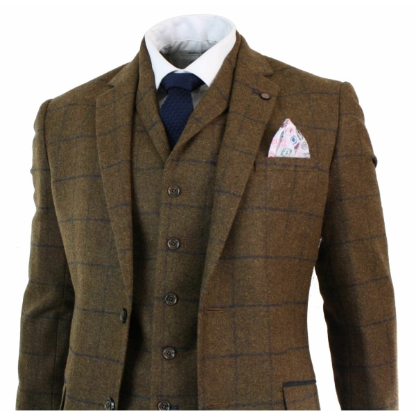 Mens Herringbone Tweed Check 3 Piece Wool Suit Peaky Blinders - Tan Brown