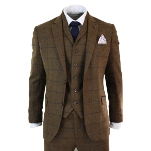 Mens Herringbone Tweed Check 3 Piece Wool Suit Peaky Blinders – Tan Brown