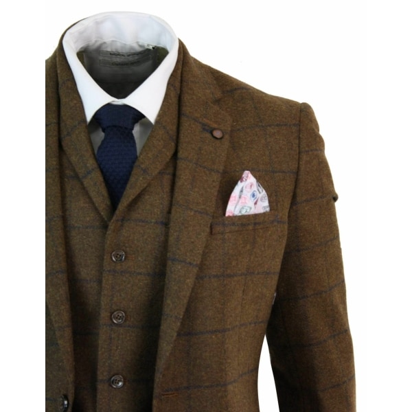 Mens Herringbone Tweed Check 3 Piece Wool Suit Peaky Blinders - Tan Brown