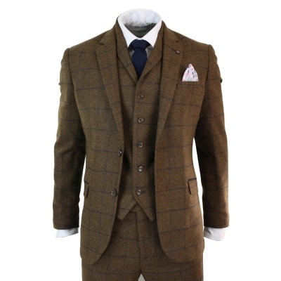 Mens Herringbone Tweed Check 3 Piece Wool Suit Peaky Blinders - Tan Brown