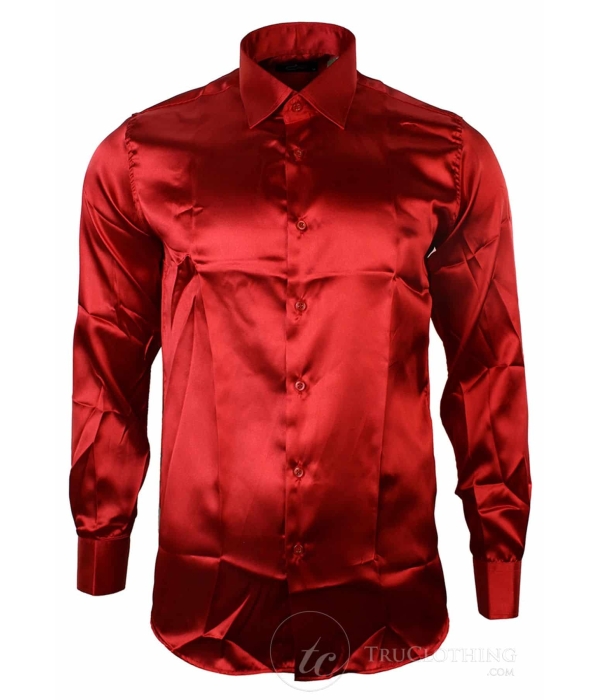 Mens Italian Design Silk Satin Finish Shirt Smart Slim Fit