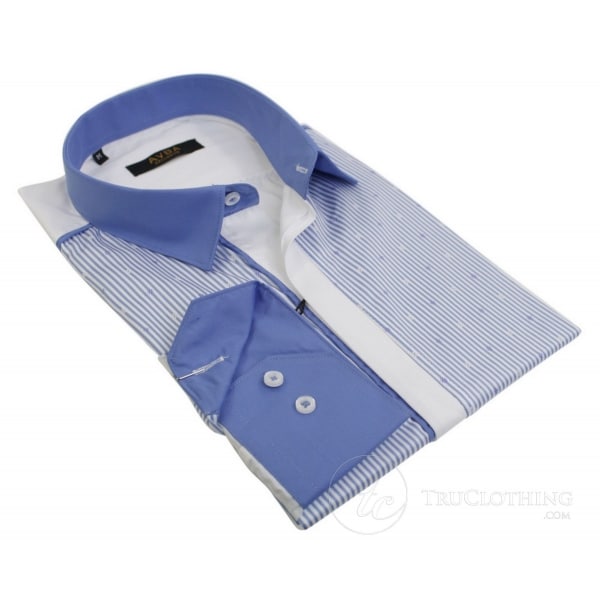 Mens Italian Slim Fit Stripe Shirt Blue Navy Purple White Smart Casual