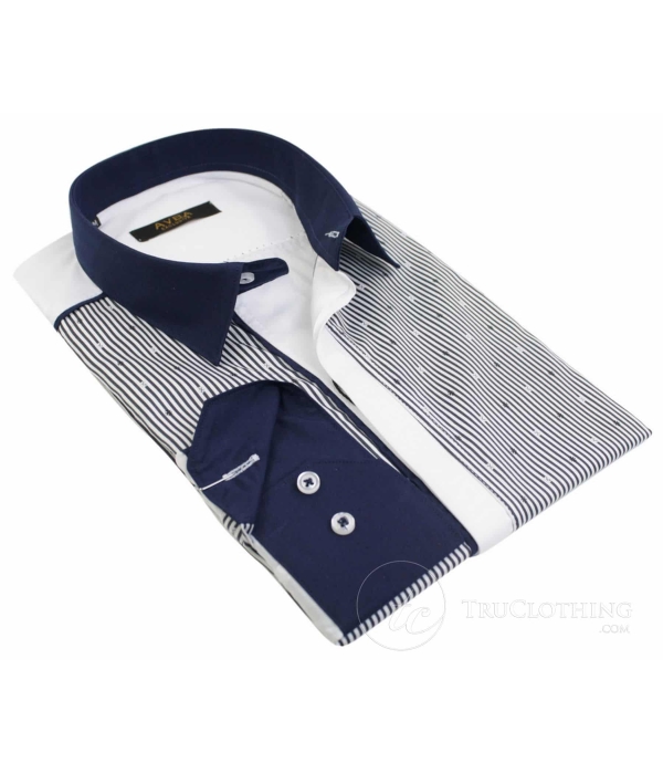 Mens Italian Slim Fit Stripe Shirt Blue Navy Purple White Smart Casual