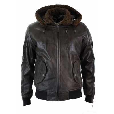 Mens Real Leather Hood Fur Jacket Bomber Aviator Vintage Brown Retro-Brown