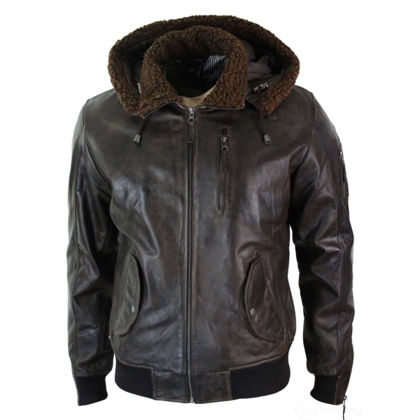 Mens Real Leather Hood Fur Jacket Bomber Aviator Vintage Brown Retro-Brown