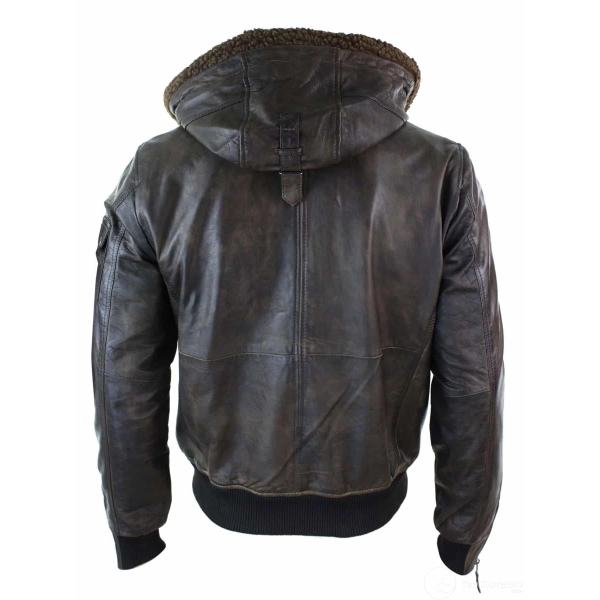 Mens Real Leather Hood Fur Jacket Bomber Aviator Vintage Brown Retro-Brown