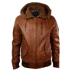 Mens Real Leather Hood Fur Jacket Bomber Aviator Vintage Brown Retro-Tan