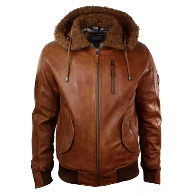 Mens Real Leather Hood Fur Jacket Bomber Aviator Vintage Brown Retro-Tan