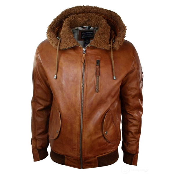 Mens Real Leather Hood Fur Jacket Bomber Aviator Vintage Brown Retro-Tan