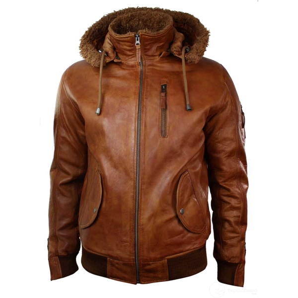 Mens Real Leather Hood Fur Jacket Bomber Aviator Vintage Brown Retro-Tan