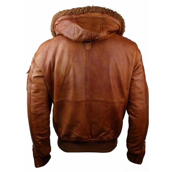 Mens Real Leather Hood Fur Jacket Bomber Aviator Vintage Brown Retro-Tan